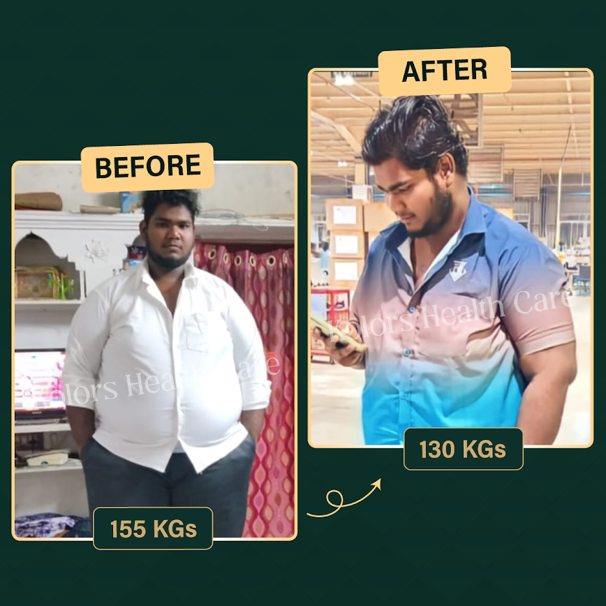 Naveen T. before and after weight loss: 155 kgs to 130 kgs